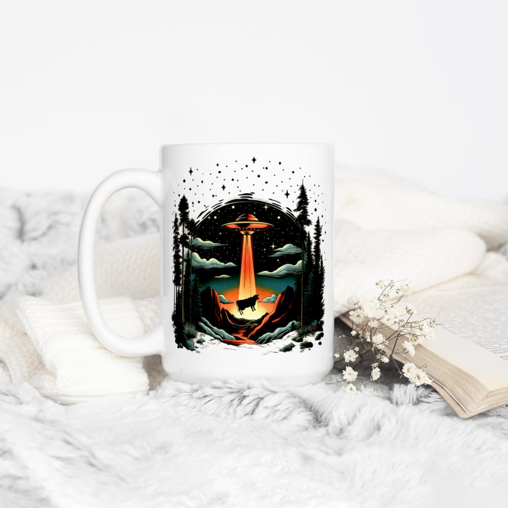 UFO Alien Cow Abduction Coffee Mug, Funny Paranormal Gifts, 15oz