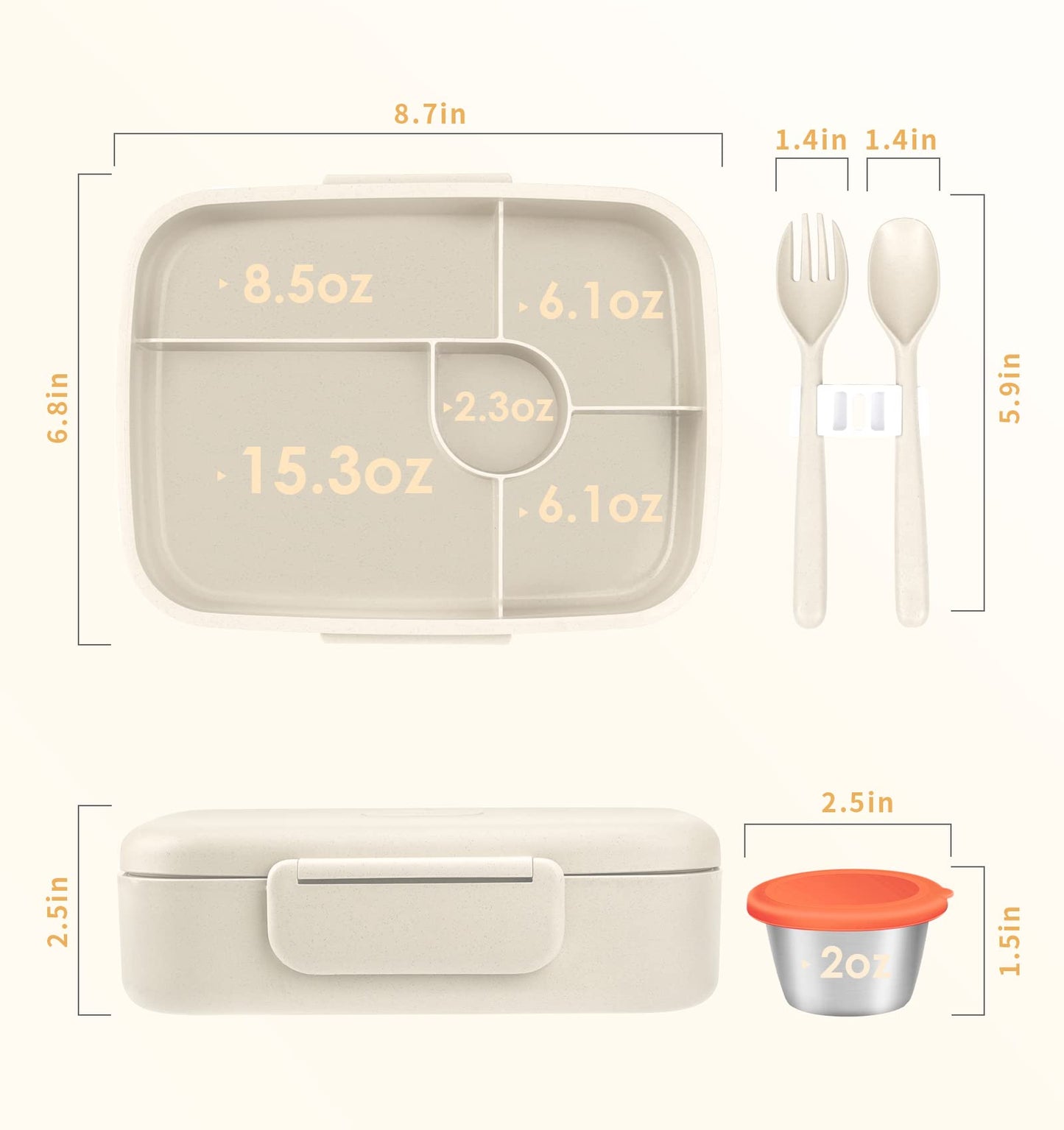 ANDMOON Bento Lunch Box, 5 Compartments Lunch Container for Kids/Adults with Snack cup, Wheat Fiber Eco-Friendly Double Insulated Boxes, Dishwasher and Microwave Safe, BPA-Free (White)