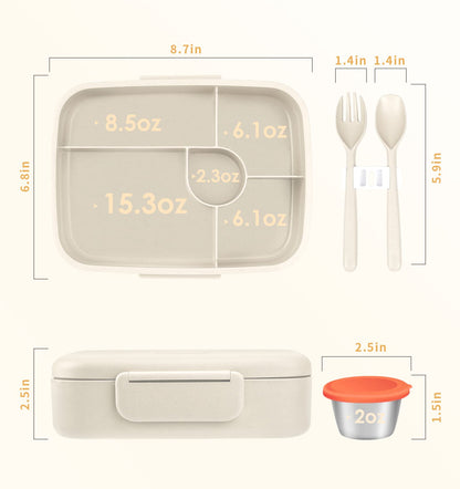 ANDMOON Bento Lunch Box, 5 Compartments Lunch Container for Kids/Adults with Snack cup, Wheat Fiber Eco-Friendly Double Insulated Boxes, Dishwasher and Microwave Safe, BPA-Free (White)