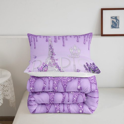 Castle Fairy Paris Comforter Set Twin Size,Eiffel Tower Bedding Set 2pcs for Kids Teens Girls Women Room Decor,Purple White Gradient Glitter Quilt Set Modern Romantic French Duvet Insert,1 Pillowcase