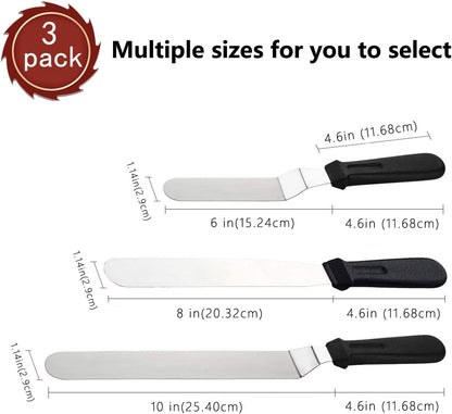 Sorxine Angled Icing Spatula Set of 3, Metal Stainless Steel for Kitchen Cake Baking Decorating, 6", 8", 10" Blade