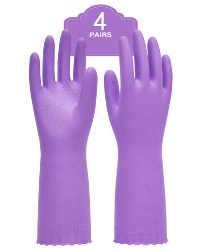 PACIFIC PPE 4 Pairs Reusable Dishwashing Cleaning Gloves with Latex Free, Cotton Lining, Kitchen Gloves, Purple, Medium