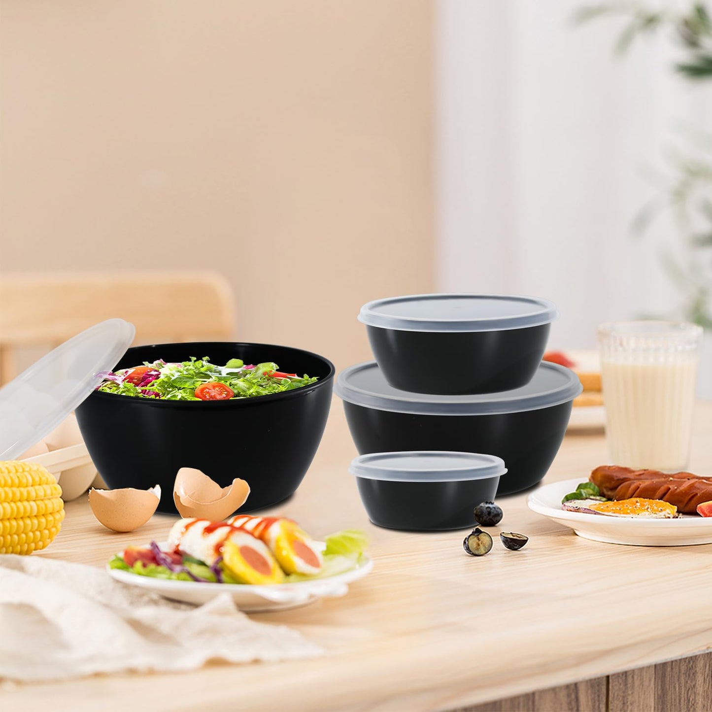 SCWBOEII 4-Piece Classic Plastic Prep Bowls with Lids, Nesting Plastic Small Mixing Bowl Set for Mixing, Baking, Prepping, Cooking and Serving Food, Microwave and Dishwasher Safe (Black)