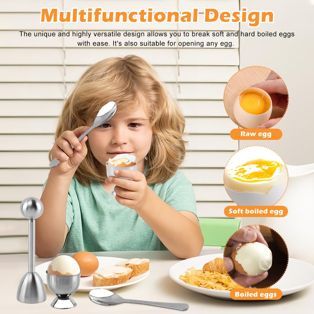 10PCS Egg Cracker Topper Cutter Set for Hard Boiled Eggs,With 4X Stainless Steel Egg Cups for Soft Boiled Eggs,4 X Egg Spoons,1 X Magnetic Egg Piercer,for Breakfast Kitchen Tool