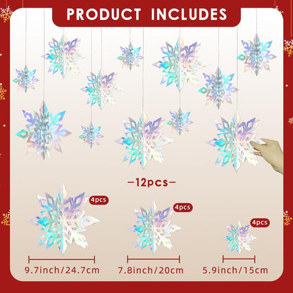 Skiennix 12PCS 3D Hanging Snowflake Decorations - Glitter Holographic Silver Ornaments for Winter Wonderland Holiday Decor