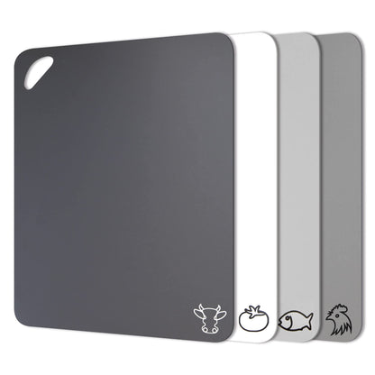 Fotouzy Plastic Cutting Boards with Food Icons, Set of 4, Flexible Cutting Mats with Hole, BPA-Free, Non-Slip and Dishwasher Safe, Modern Neutral Colors