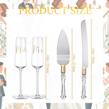 Boao 4 Pieces Wedding Toasting Flutes and Cake Server Set Wedding Reception Supplies Champagne Glasses Cake Knife Pie Server (Gold,Classic)