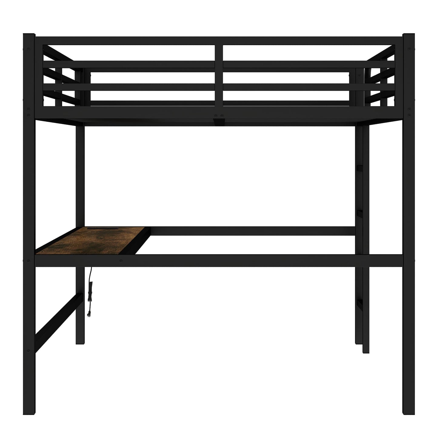 KEIKI Metal Queen Size Loft Bed with Power Outlet and LED Lighted, Space-Saving, Noise Reduced, Black