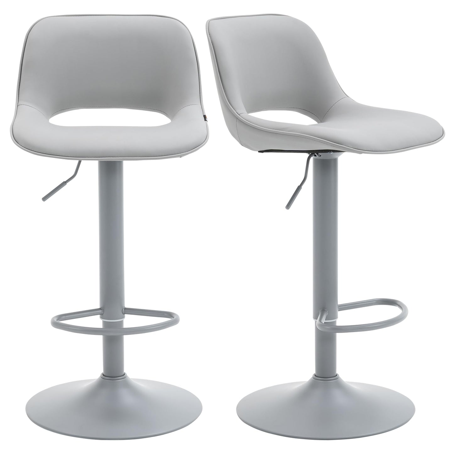 YOUNIKE Bar Stools Set of 2 All Grey Swivel Barstools, Compact Adjustable Counter Height Bar Stools Faux Leather Upholstered Counter Stools with Hollow Back for Kitchen Island