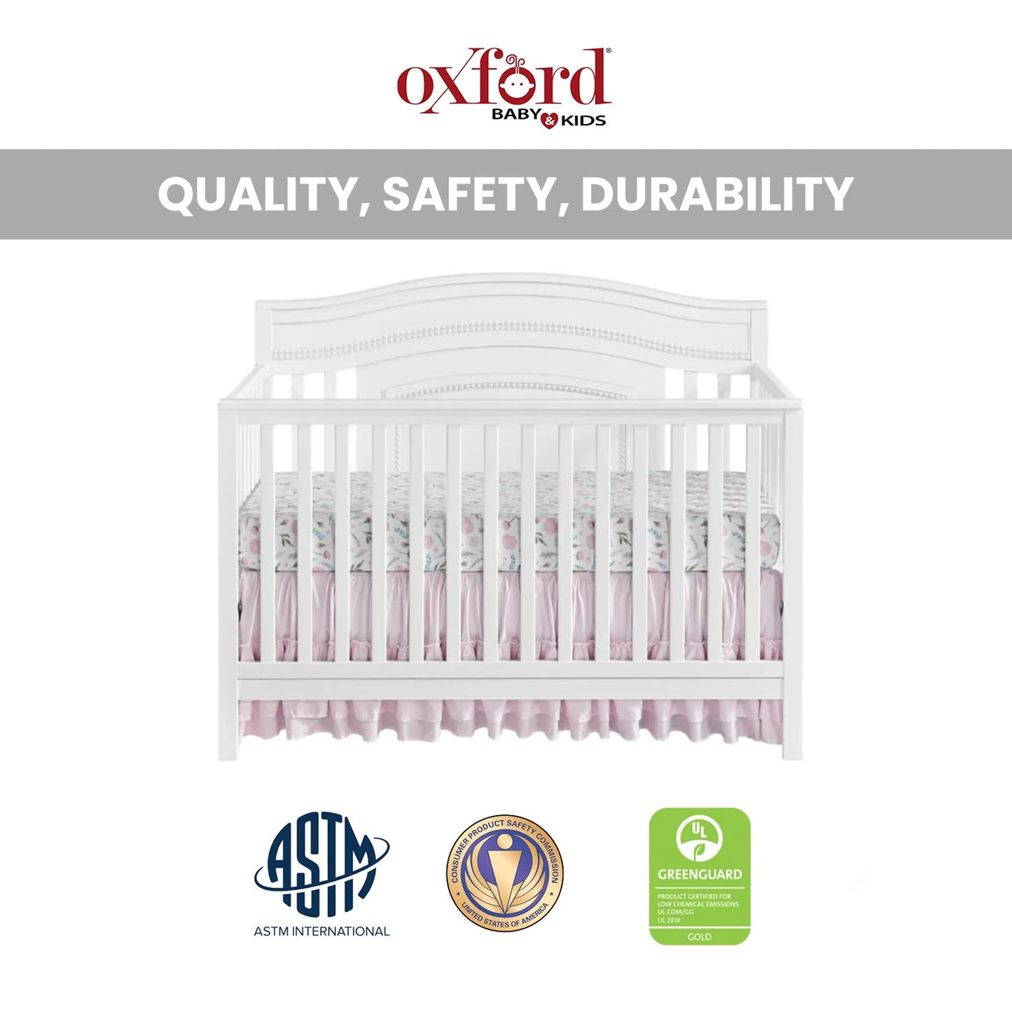 Oxford Baby Briella 4-in-1 Convertible Baby Crib, White, GreenGuard Gold Certified