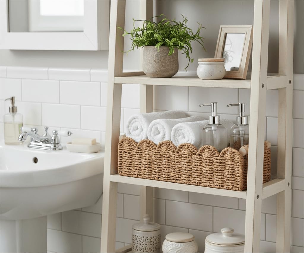 2 CubesLand Paper Rope Scalloped Edge Toilet Paper Storage Basket, Small Living Room, Bedroom Decor Baskets for Over