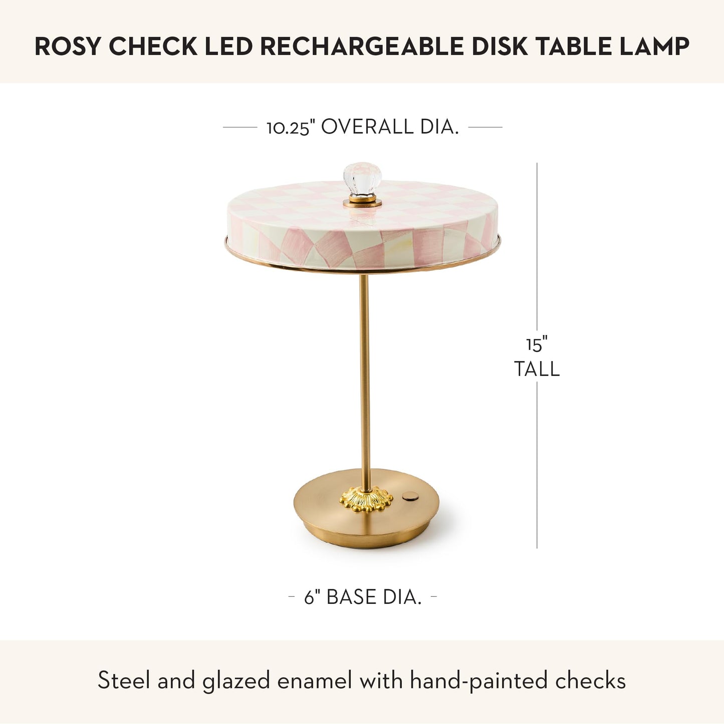 MACKENZIE-CHILDS LED Rechargeable Disk Table Lamp, Cordless Touch Lamp, Pink-and-White Rosy Check