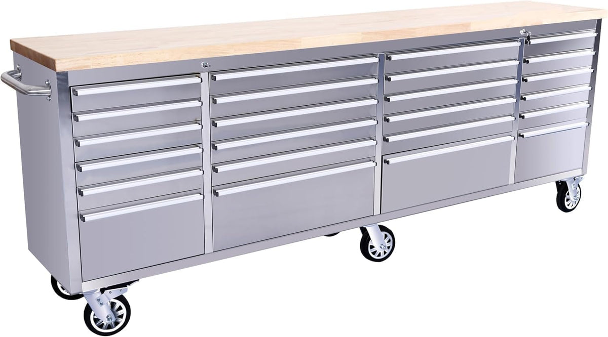 96" Rolling Tool Chest, 24 Drawers, Solid Rubber Wood Workbench Top, Locking Wheels and Key Lock, Mobile Garage Storage Cabinet, Heavy Duty Mobile Organizer for Workshop, Silver
