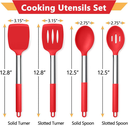 P&P CHEF Red Cooking Utensils Set of 4, Heat-proof Silicone Turner Spoon for Nonstick Cookware, Dishwasher Safe