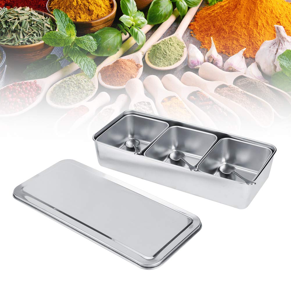 Hapivida Stainless Steel Seasoning Box, 3 Compartment Dispenser Container with Lid Food Serving Display Container Serving Tray Large Capacity Kitchen Condiment Storage Silver