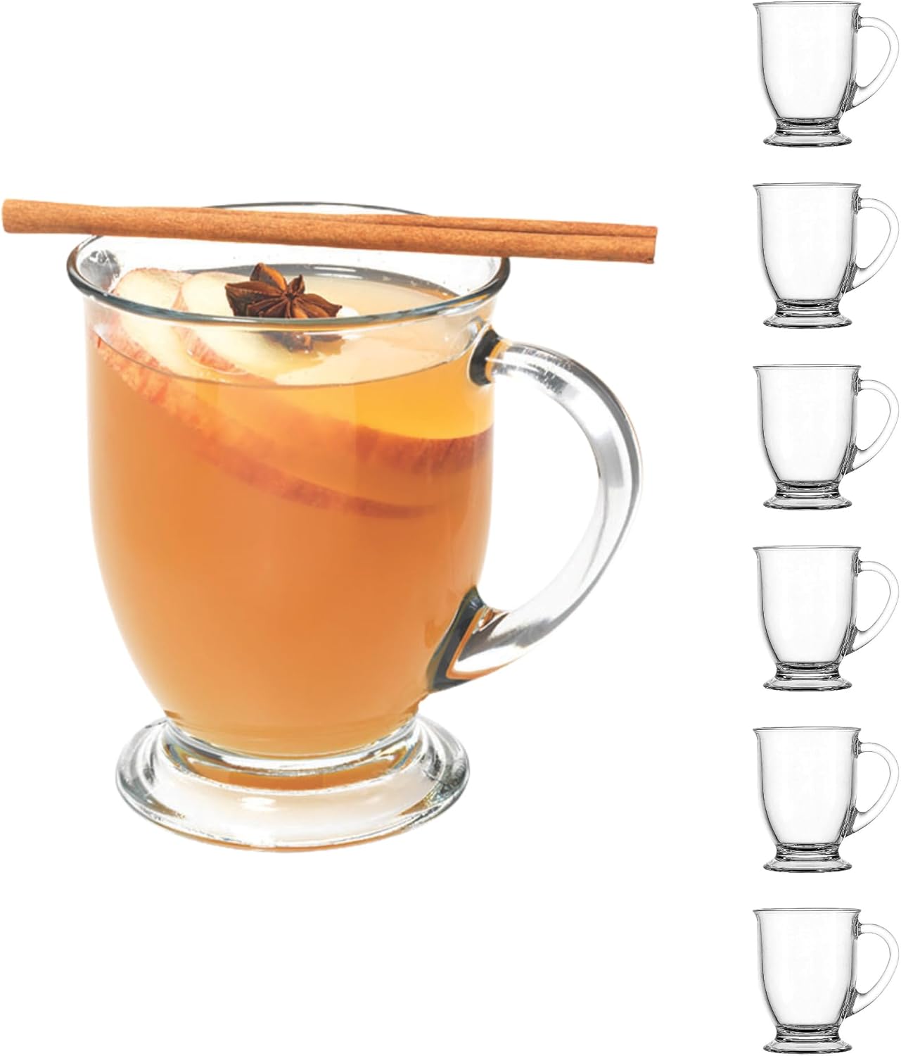 16 oz, Set 6 Anchor Hocking Caf Glass Coffee Mugs