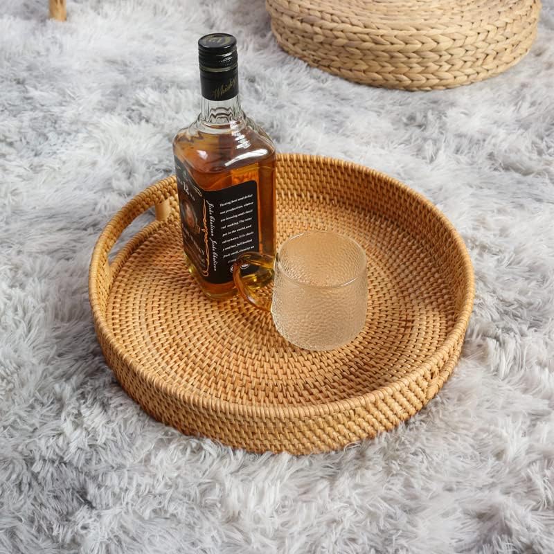 14 inch 2.4 inch) Coffee Table Tray Round Rattan Ottoman Tray Woven Serving Trays with Handles for Home and Kitchen