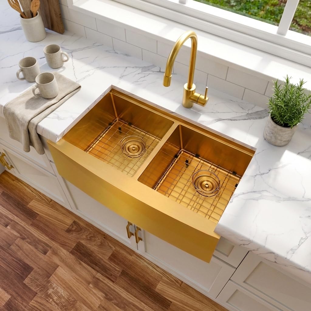 MILOSEN Gold Farmhouse Kitchen Sink, 33x20x10 Inch 50/50 Double Bowl Apron Front Undermount Sink, Gold Stainless Steel Workstation Farm Sinks with Ledge & Accessories, 10'' Deep Handmade Kitchen Sinks