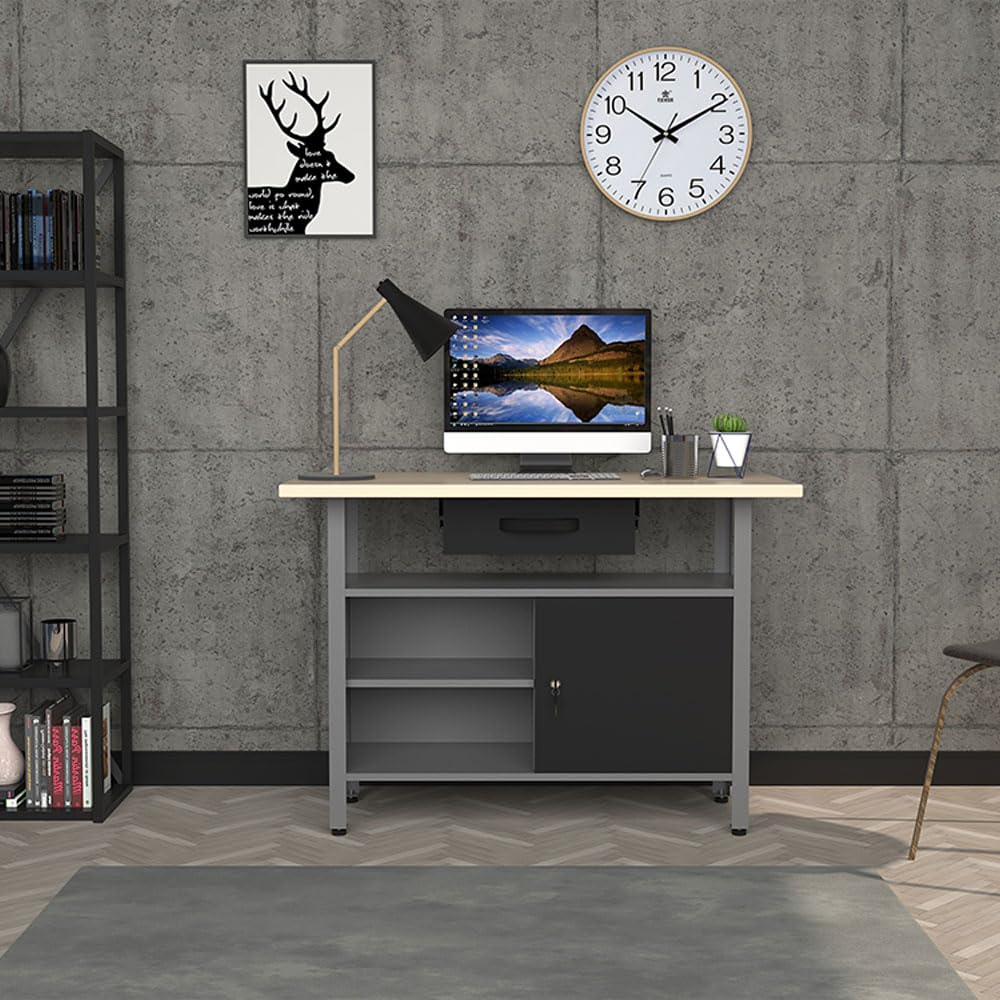 JZD Metal Workbench Table with Drawer & Lockable Cabinet, Office Desk with Wood Worktop for Garage Factory Workshop Home