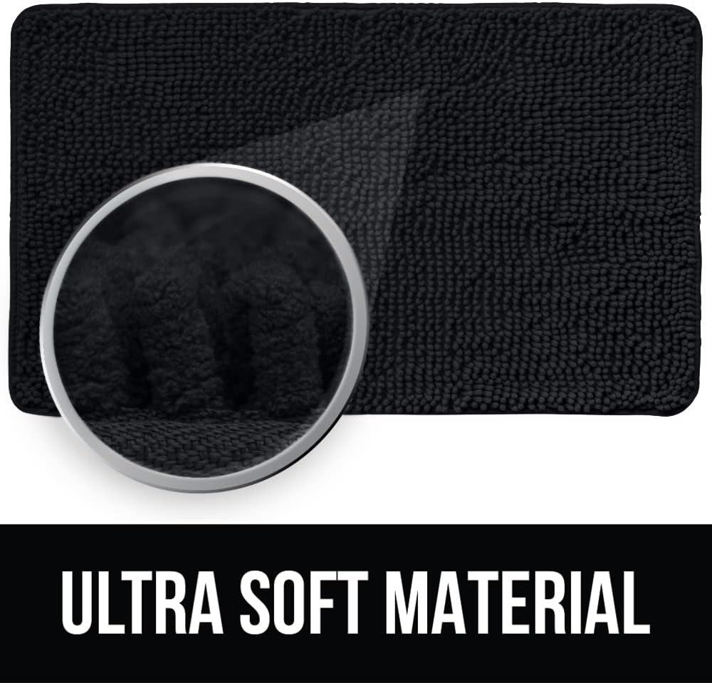 KANGAROO Luxury Chenille Bath Rug, Extra Soft Shaggy Mat for Kids Bathroom, Machine Wash, 24x17, Black