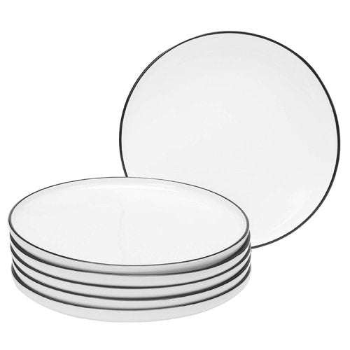 BonNoces 10 Inch Porcelain Dinner Plates, Elegant White with Black Edges Design, Classic Round Serving Plates Set for Steak, Pasta, and Salad, Set of 6