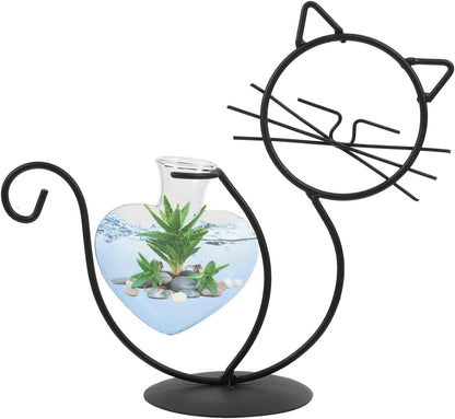 Cat Wrought Iron Vase, Metal Cat Terrarium Vase, Clear Plant Pots, Desk Topper Metal Planter, Household Iron Frame