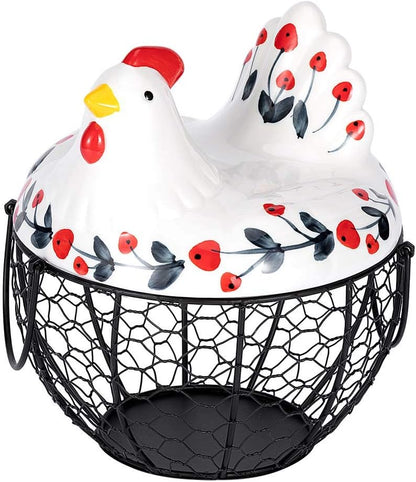 Chicken Design Ceramic Egg Storage Basket, Iron Basket Holds 20-25 Eggs, Organizer Case, Container Egg Basket Holder