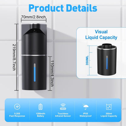 Fantictas Automatic Soap Dispenser,Touchless Hand Wall Mount Rechargeable 3 Gear Adjustable Electric Soap Dispenser 350ml with Infrared Motion Sensor for Bathroom,Kitchen,Office, Black Foam