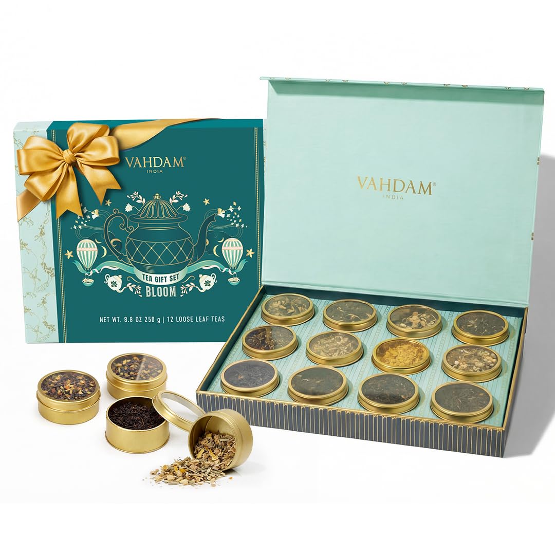 VAHDAM, Bloom - Assorted Tea Gift Set (12 Loose Leaf Tea) Tin Caddy Presentation Box | Gluten Free, Non GMO | Tea Gift Set for Women & Men