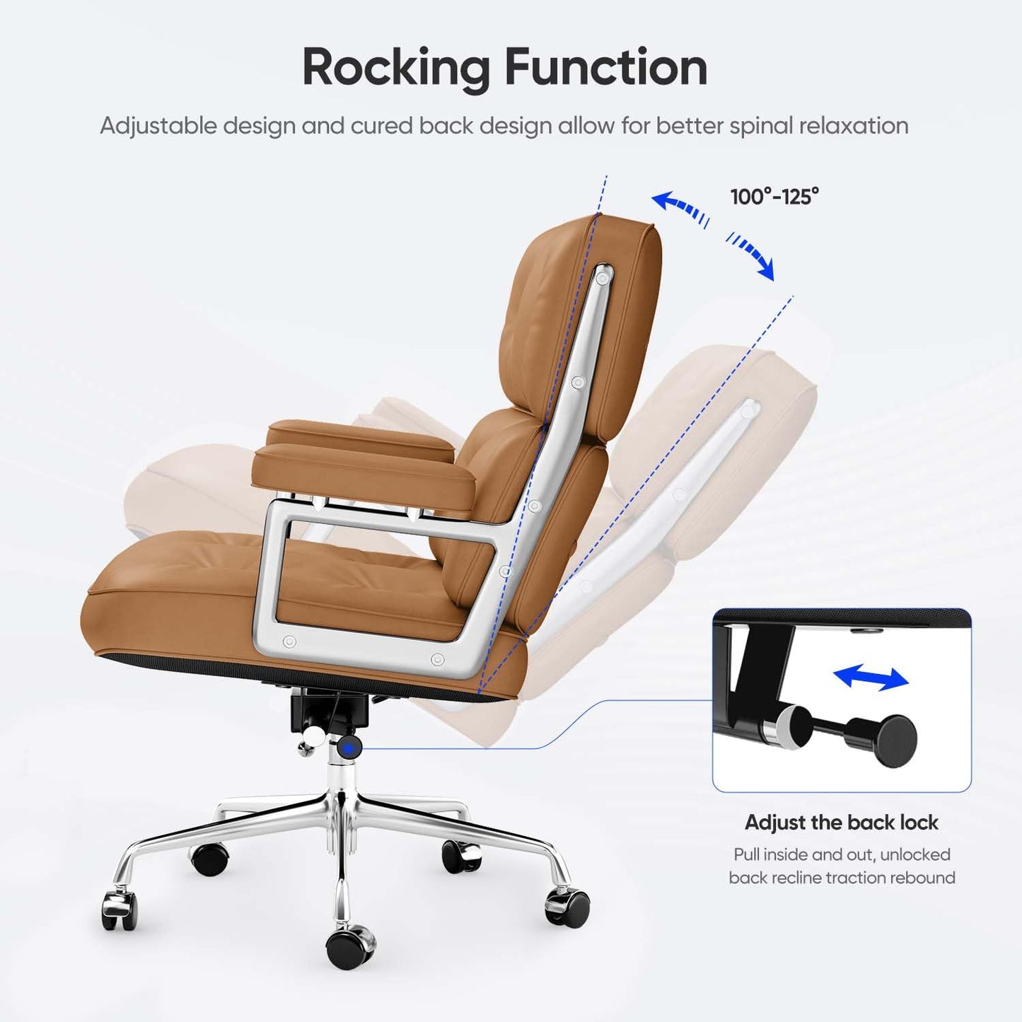 Genuine Leather Office Chair, Mid Back Executive Desk Chairs with Aluminum Arms and Wheels, Swivel Office Leather Chair with Thickened Backrest and Ergonomic Lumbar Support, Light Brown