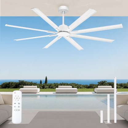 Minislak 72 Inch Ceiling Fan Without Light with 8 White Aluminum Blades,Industrial Ceilin fan with Remote,6 Speed,Quiet DC Motor,Large Outdoor Indoor Ceiling Fan for Patio,Garage,Living Room