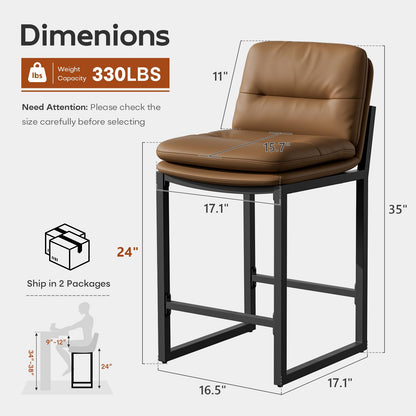 Sucrever Brown Bar Stools Set of 4, 24 inch Leather Counter Stools with Backs and Metal Frame, Counter Height Bar Stools for Kitchen Island