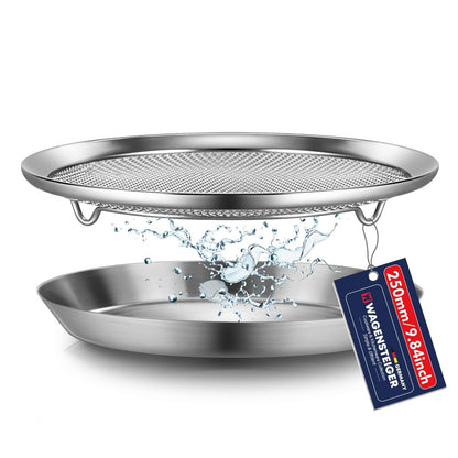 WAGENSTEIGER Stainless Steel Mesh Tray Set with Drip Pan, Air Fryer Basket and Tray, Kitchen Colander, Vegetable and Fruit Strainer, Food Filter, BBQ Prep Tool, Fruit Serving Dishes (9.84 inch)