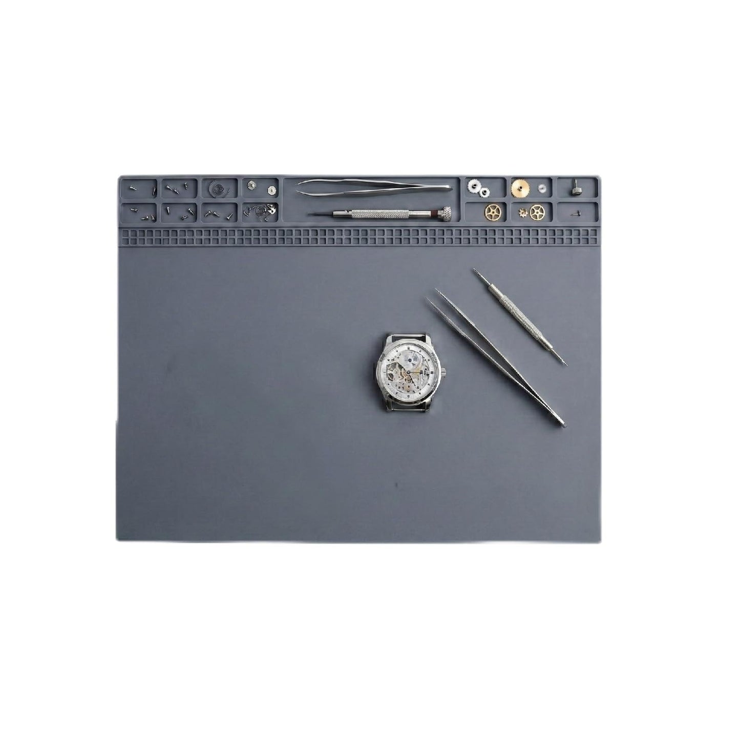 Yulatik Non-Slip Watch Repair Mat with Parts Organizer - Anti-Static Rubber Work Pad for Jewelers & Watchmakers - Gray Maintenance Platform Table Mat with Screw Compartments (13.8" x 9.8")