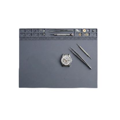 Yulatik Non-Slip Watch Repair Mat with Parts Organizer - Anti-Static Rubber Work Pad for Jewelers & Watchmakers - Gray Maintenance Platform Table Mat with Screw Compartments (13.8" x 9.8")