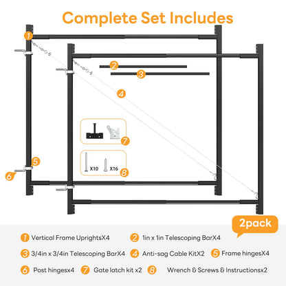 DIYHD Adjustable Full Frame Double Anti-Sag Gate Kit for 2x4 Lumber, Heavy Duty Powder-Coated Steel Hardware, Fits 33"-62" Wide, 4FT-5FT High Fence Gates for Garden, Driveway, Yard, Pool, 2 Pack