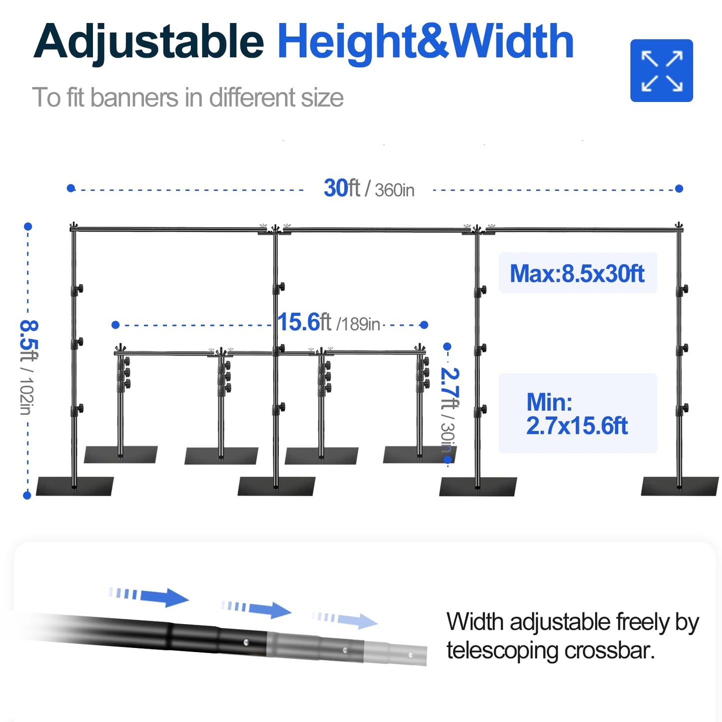 EMART 8.5x30ft(HxW) Photography Backdrop Stand for Parties, Adjustable Photo Pipe and Drape Background Back Drop Holder Frame Kit with Heavy Duty Metal Steel Base for Birthday Wedding - Black