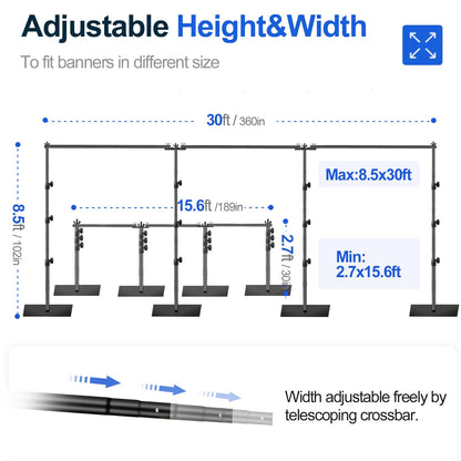 EMART 8.5x30ft(HxW) Photography Backdrop Stand for Parties, Adjustable Photo Pipe and Drape Background Back Drop Holder Frame Kit with Heavy Duty Metal Steel Base for Birthday Wedding - Black