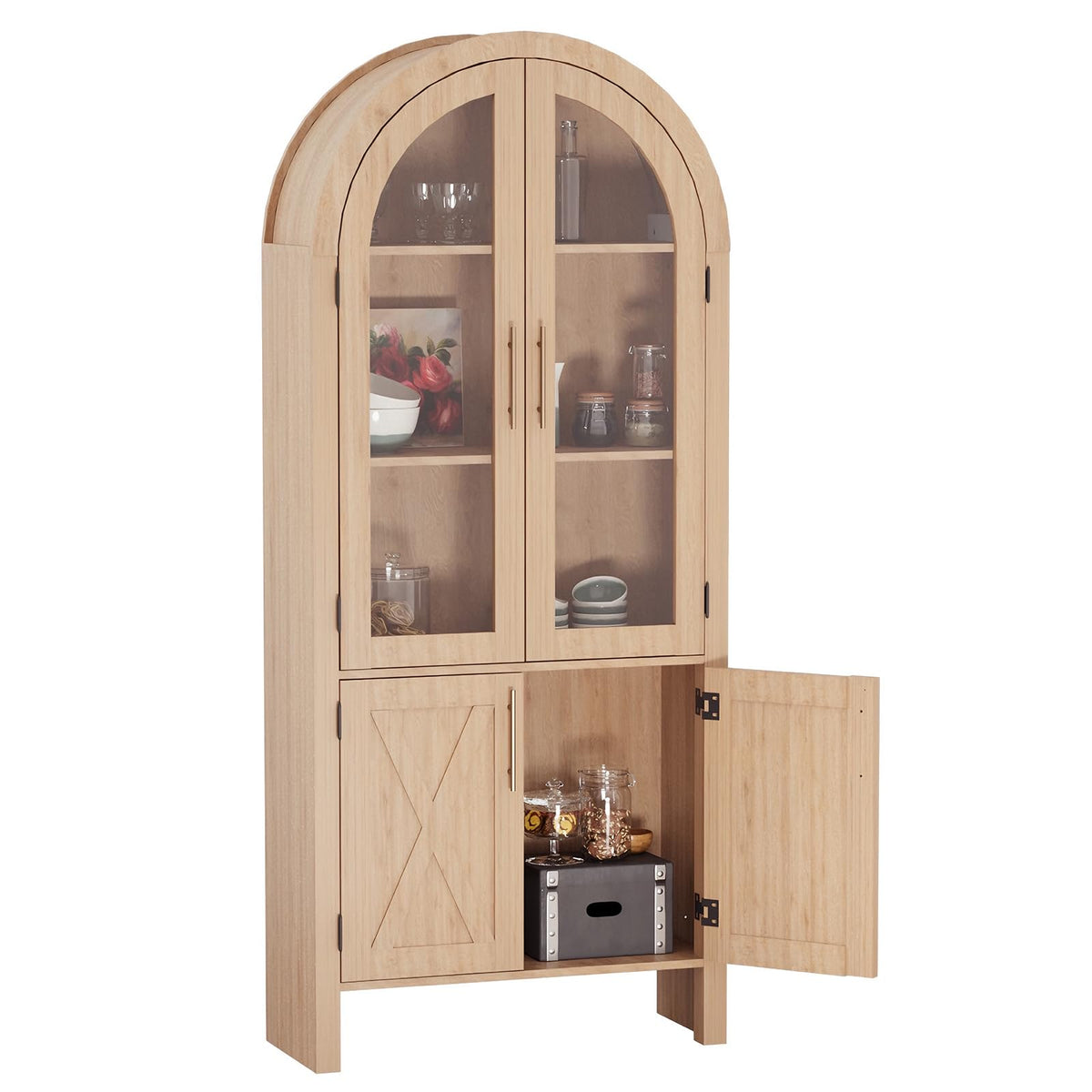 Garvee 60" Kitchen Pantry Storage Cabinet, Large Arched Display Cabinet with 4 Glass Doors, 4-Tier Freestanding Organizer for Bathroom, Entryway, Dining Room, Modern Wood Storage Hutch