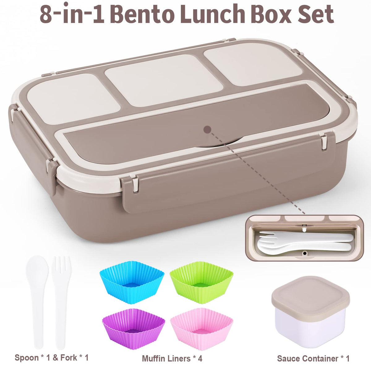 Bento Box Adult Lunch Box, Containers for Adults Men Women with 4 Compartments, Lunchable Food Container with Utensils, Sauce Jar, Muffin Liners, 40 Oz/5 Cup, Microwave & Dishwasher Safe, Brown