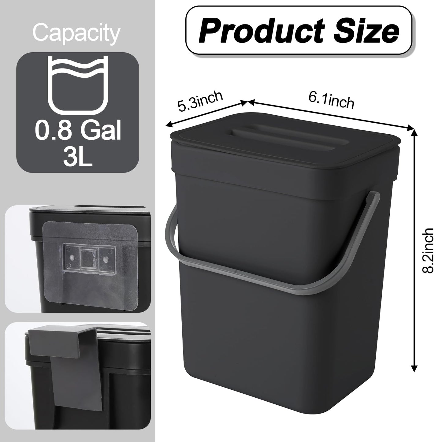 Compost Bin Kitchen, Includes 100 Trash Bags, Hanging Trash Can with Lid, Features Pet-Proof, Odor-Proof, and Quiet Opening/Closing. Suitable for Bathrooms/Bedrooms/Offices (Black, 0.8Gal/3L)