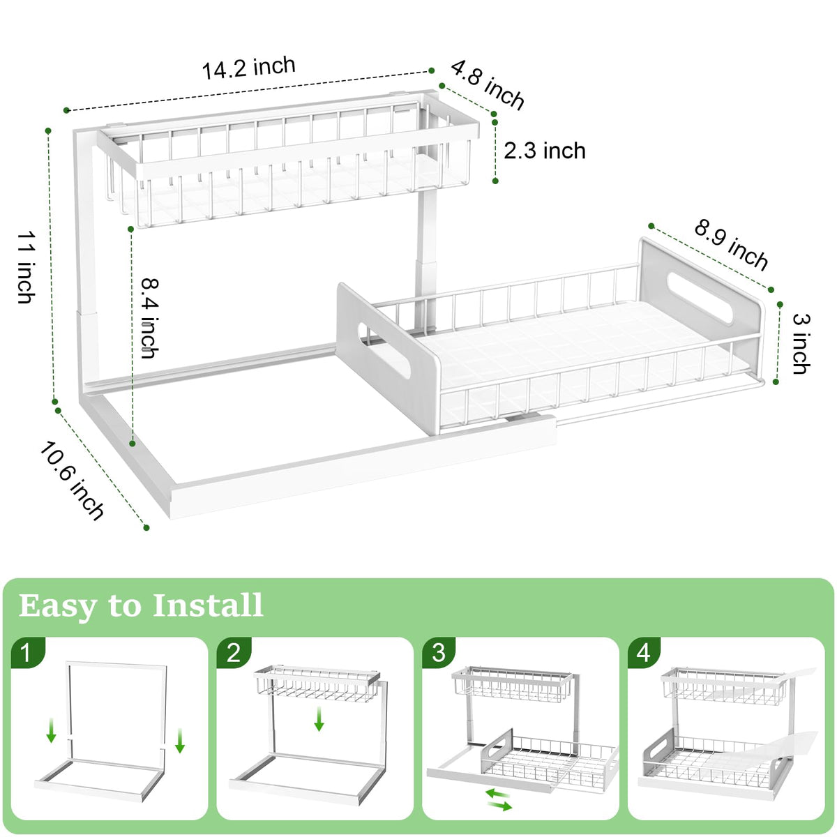 REALINN Under Sink Organizer, Pull Out Cabinet Organizer, 2 Tier Metal Slide Out Shelf with L Shaped Design, Under Cabinet Storage for Kitchen, Bathroom, Laundry, Deep Cabinet Shelf Storage, White