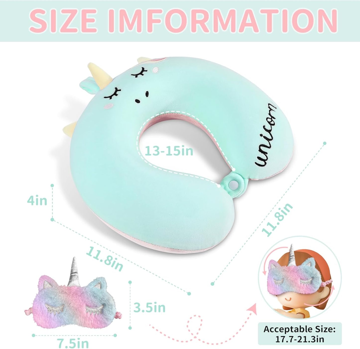 Set urnexttour Neck Travel Pillow for Kids, Unicorn Airplane Memory Foam Pillow with Cute Sleep Mask & Earplugs