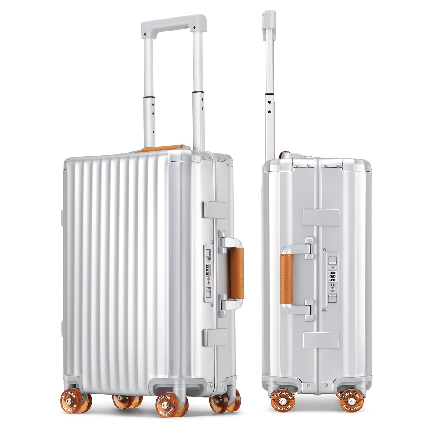 ROAMING 24 Inch Check Luggage Durable All Aluminum Hardshell Suitcase - Zipperless Luggages Airline Approved with 360° Spinner Wheels, TSA Lock, USB Port Smart Organizational Pockets （Silver orange）