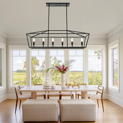 BONLICHT 6 Light Farmhouse Chandelier Black Modern Linear Kitchen Island Lights Industrial Vintage Candle-Style Dining Room Lighting Fixture Hanging Foyer Ceiling Lights with Adjustable Rods,E12 Base