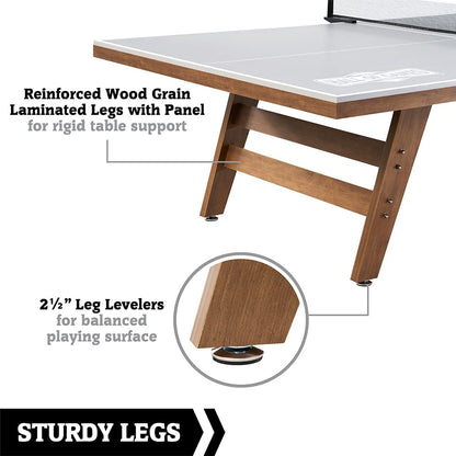 Hall of Games Ping Pong Table, 9ft x 5ft Official Size, 18mm Water-Resistant Gray Top, 2-Piece with Metal Braces, Woodgrain Legs, 2.5in Adjustable Leg Levelers, Clip-On Net, and Easy Assembly