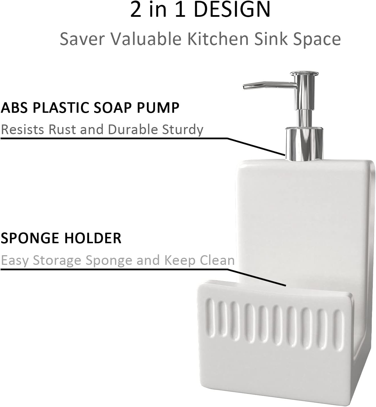 2 1 Soap Dispenser with Sponge Holder, Ceramic Dish Soap Dispenser for Kitchen Sink, in Refillable Liquid Hand