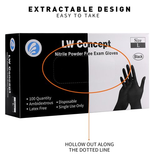 LW Concept Disposable Nitrile Gloves, Chemical Resistant, Powder-Free, Latex-Free, Non-Sterile, Food Safe, 5 Mil, Black, 1000-Count (Medium)