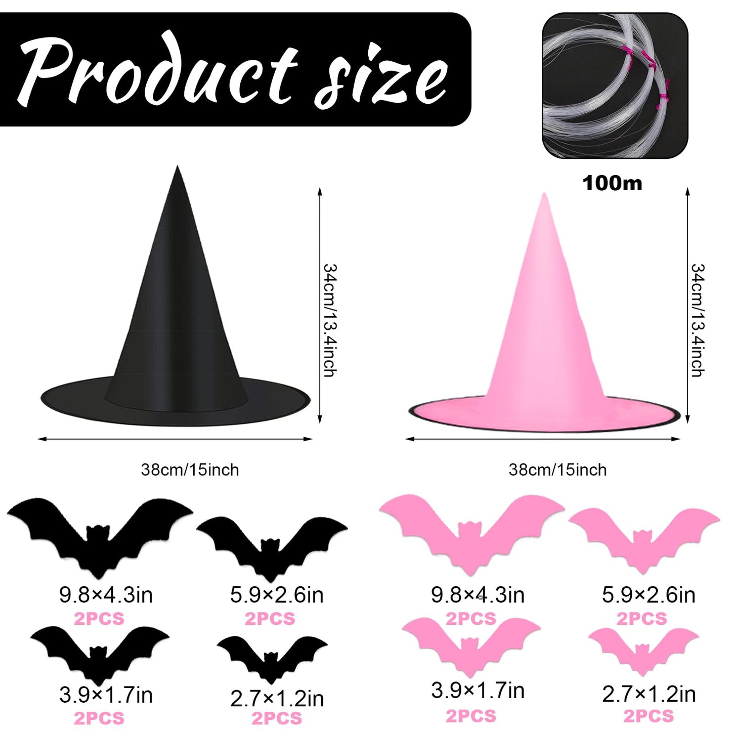 JarThenaAMCS 12Pcs Halloween Witch Hats with 16Pcs 3D Bat Stickers 109 Yard Hanging Rope Pink Black Hanging Witch Caps for Home Party Decoration