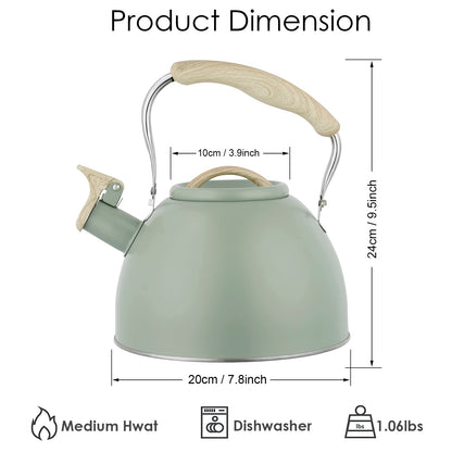 Tea Kettle -3.0 Quart Whistling Tea Kettle for Stove Top Stainless Steel Tea Pot Stovetop Food Grade Water Kettle with Wood Pattern Handle for Coffee/Tea/Milk Kettle Pot-Green